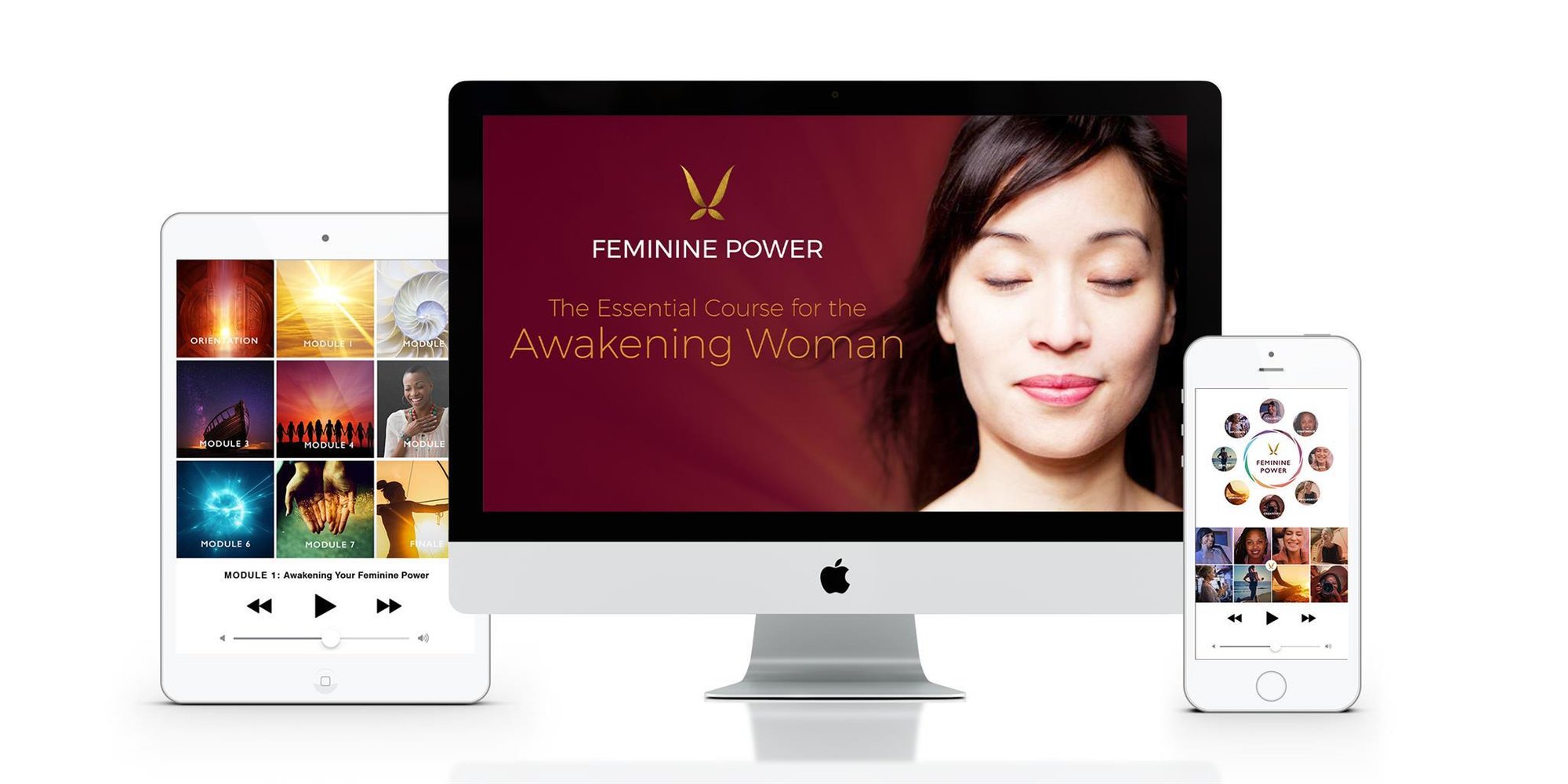 a tablet, desktop, and mobile device all showing screens from the Feminine Power site